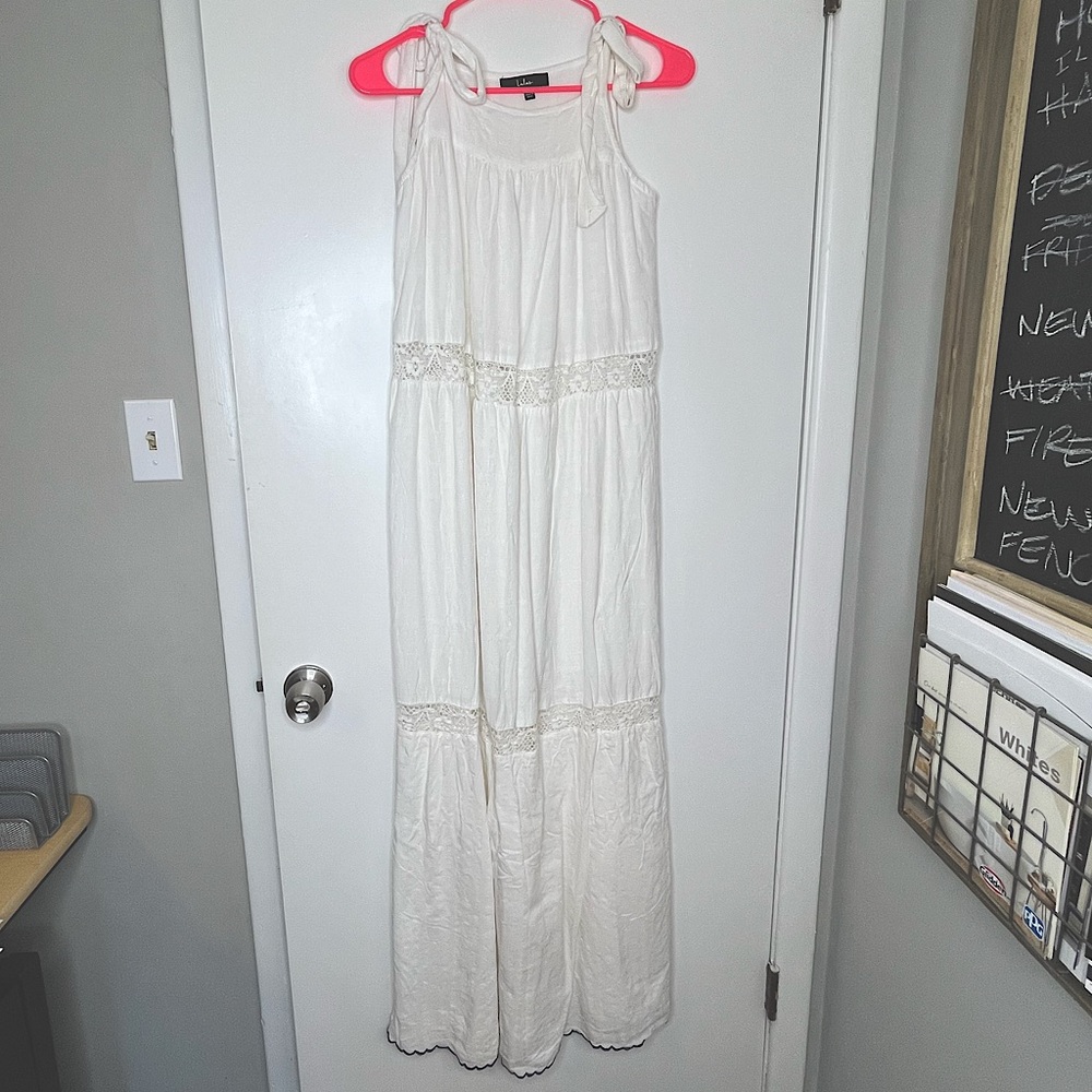 Lulus White Maxi Dress with Tie Shoulder Straps, Lace & Navy Scalloped Detail
